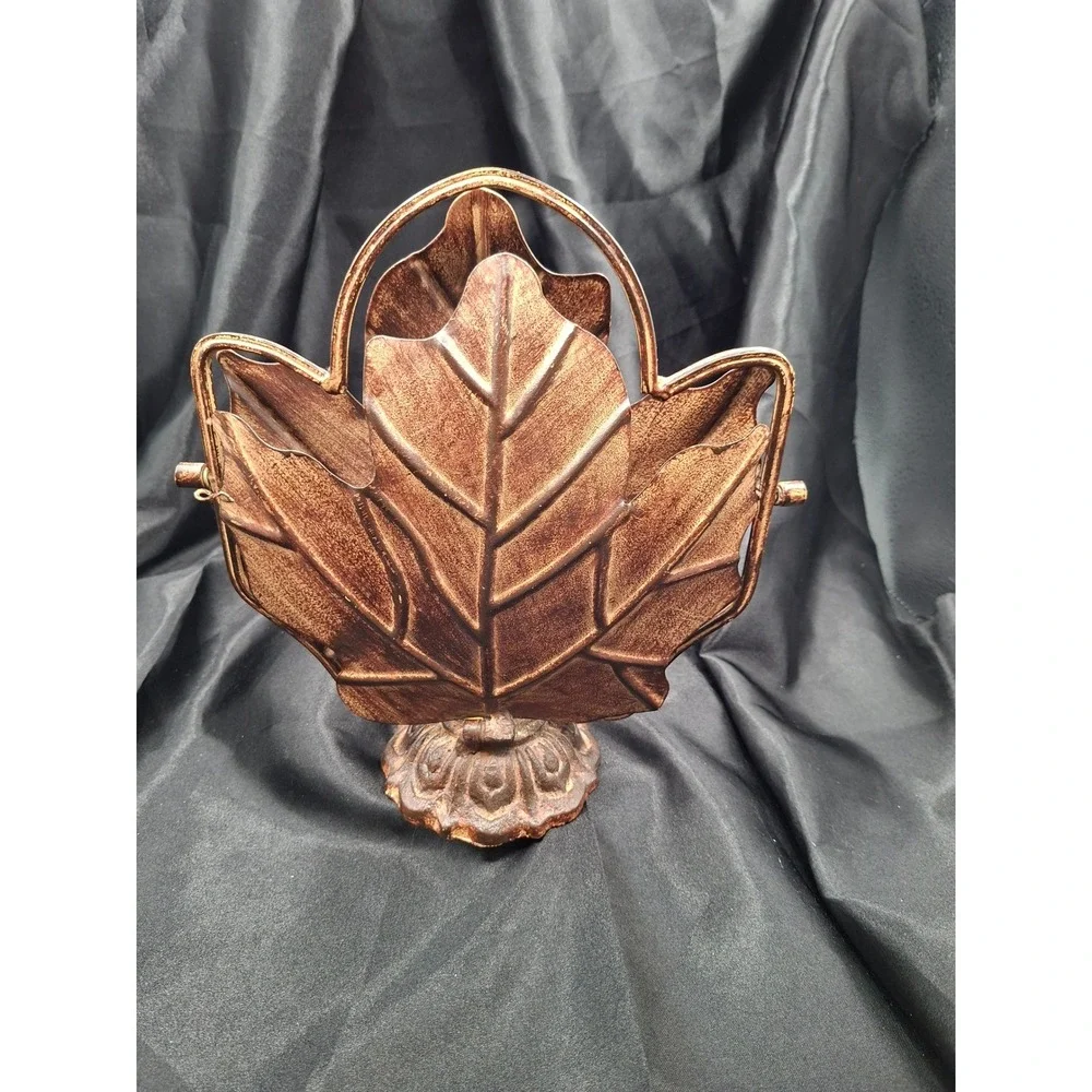 Vintage Copper Tone Folding Metal Maple Leaf Tiered Serving Tray Stand Decor